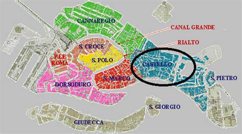 Pianta di Venezia con evidenziato il sestiere di Castello e la posizione di Palazzo Grimani