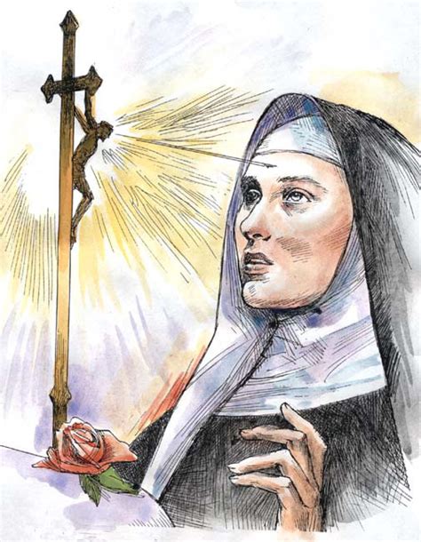 Illustrazione di Santa Rita da Cascia con la spina sulla fronte e una rosa in mano.