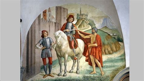 Rappresentazione artistica di San Martino a cavallo che divide il mantello con il mendicante