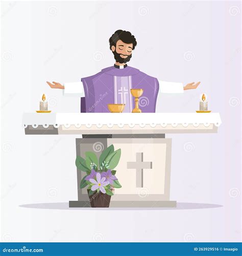 Illustrazione di un sacerdote che celebra l'Eucaristia, con simboli di fede e comunità