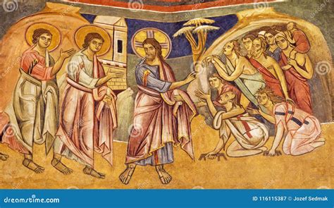 rappresentazione dei dieci lebbrosi e il samaritano che torna da Gesù