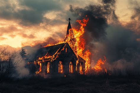 chiesa che brucia di notte con fiamme alte, santa rita sullo sfondo tra le fiamme, stile onirico