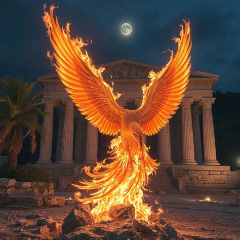 illustrazione di una fenice che risorge dalle ceneri di un edificio sacro, con un tocco di luce divina