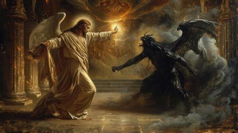 Dipinto che raffigura la lotta tra il bene e il male, con figure divine e demoniache