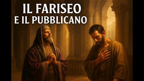 Illustrazione del fariseo che prega con arroganza in piedi e del pubblicano con umiltà in ginocchio