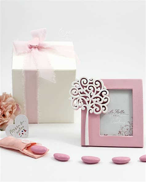 Cornice in argento con rilievo albero della vita e fiocco rosa