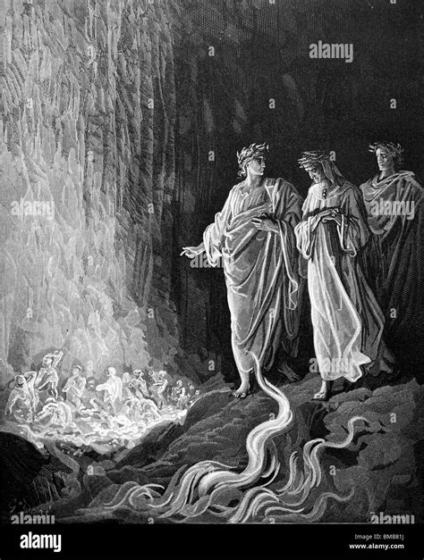 Illustrazione: Dante e Virgilio nell'Inferno circondati da figure mitologiche e storiche.