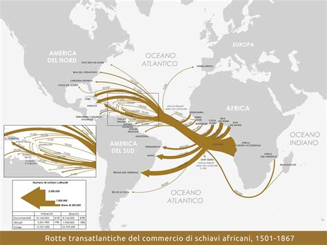 Mappa storica dell'Africa con indicazione delle rotte della tratta degli schiavi
