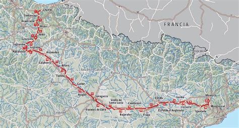 Mappa del Cammino di Sant'Ignazio, evidenziando il percorso da Loyola a Manresa
