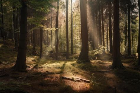 Alberi in una foresta con luce che filtra, evocando un senso di pace e connessione con la natura
