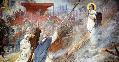 scena del rogo di Giovanna d'Arco con la folla
