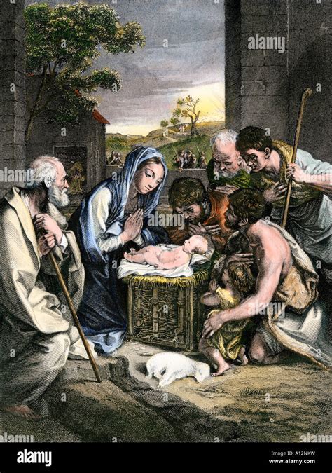 Illustrazione della natività con Gesù deposto in una mangiatoia, circondato da pastori