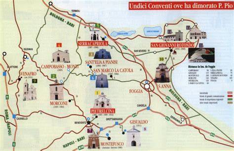 Mappa dei luoghi di Padre Pio a Pietrelcina e San Giovanni Rotondo