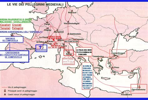 mappa delle rotte dei pellegrinaggi medievali verso Roma o Gerusalemme