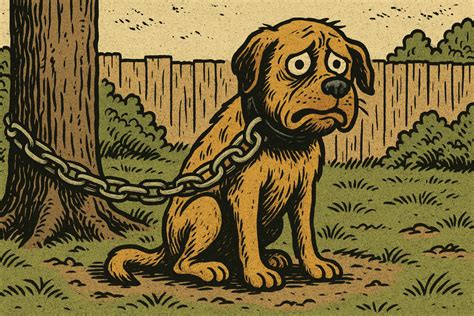 Illustrazione simbolica di un cane alla catena davanti a una croce
