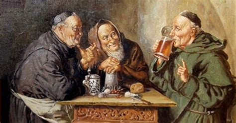 Monaci che producono birra in un'antica abbazia (illustrazione storica)