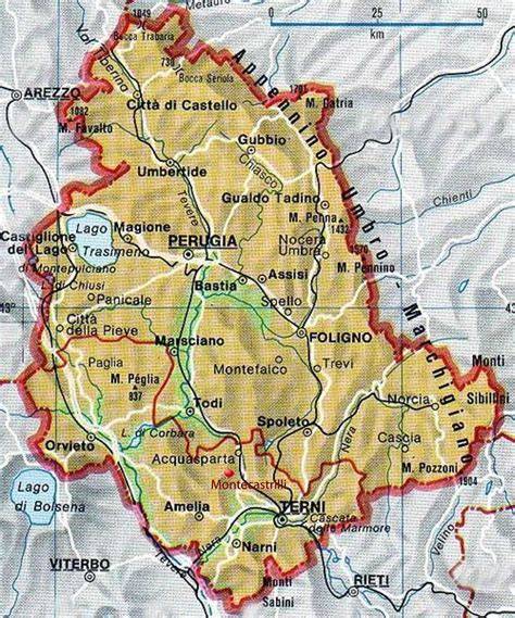 Mappa storica della regione Umbria con evidenziata Perugia
