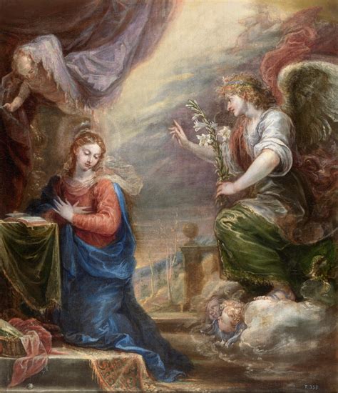 Dipinto dell'Annunciazione con l'Arcangelo Gabriele che presenta un giglio a Maria