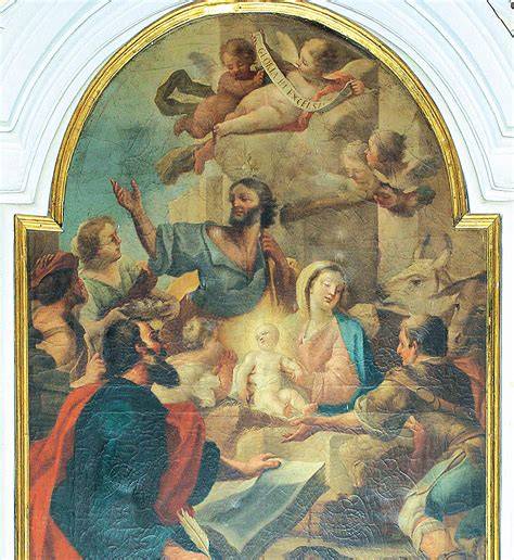 Rappresentazione pittorica di angeli che vegliano sulla Natività