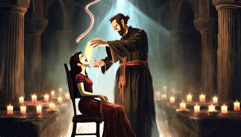 illustrazione di un esorcismo con un sacerdote e una persona posseduta