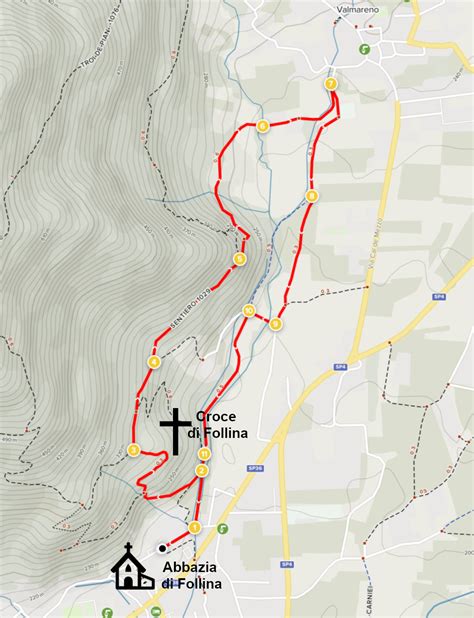 Mappa del percorso stradale tra Feltre e Follina, evidenziando l'Abbazia di Follina