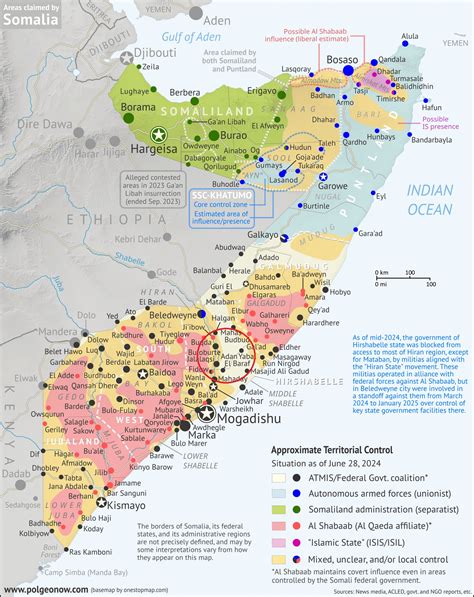 Mappa della Somalia con aree di controllo di Al-Shabaab e regioni autonome