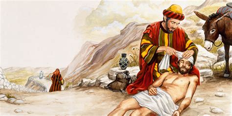 Illustrazione del Samaritano che cura un viandante ferito.