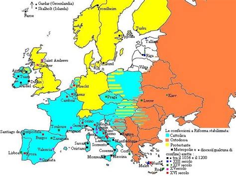 Mappa delle principali aree di diffusione del Protestantesimo in Europa