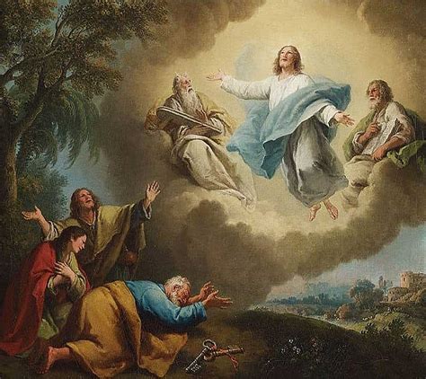 L'immagine dovrebbe rappresentare Gesù trasfigurato sul monte Tabor, circondato da Mosè ed Elia, con i discepoli in basso, come da tradizione iconografica.