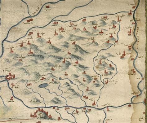 Mappa del territorio dei Colli Euganei con indicazioni delle proprietà dell'Abbazia di Praglia in epoca medievale