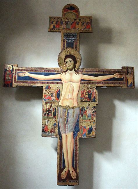 Crocifisso dipinto medievale in oro e colori vivaci