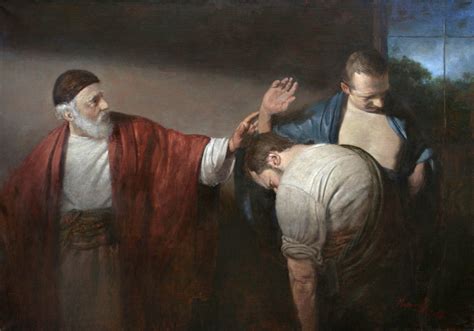 illustrazione della parabola dei due figli con padre e figli nella vigna