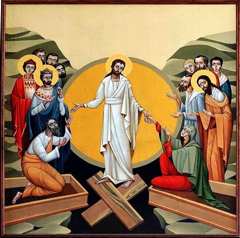 Illustrazione del mistero pasquale di Cristo, con simboli di morte e risurrezione.