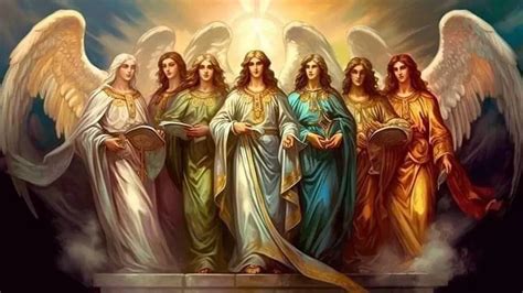 illustrazione di un gruppo di arcangeli o esseri celesti con aure di colori diversi
