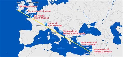 Mappa che illustra la diffusione del culto di San Michele Arcangelo in Europa, con i santuari principali