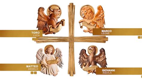 rappresentazione artistica di un crocifisso con simboli evangelisti e sfondo dorato