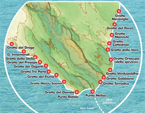 Mappa delle grotte di Santa Maria di Leuca sul versante adriatico