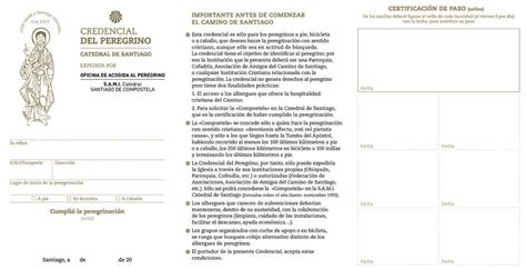 Credenziale del pellegrino con spazi per i timbri