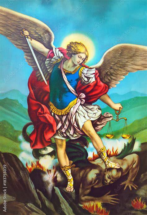 Illustrazione storica o iconografica raffigurante San Michele Arcangelo che sconfigge il demonio