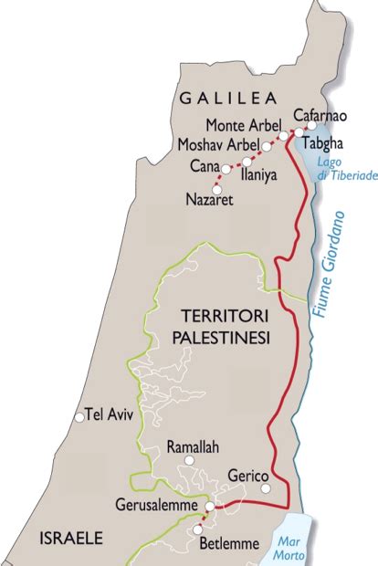 Mappa del percorso da Gerusalemme a Nazareth e in Galilea