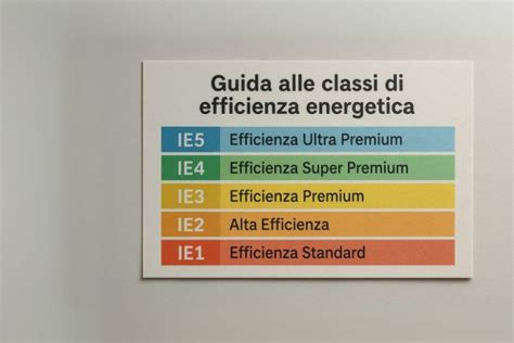 Infografica comparativa delle classi di efficienza energetica IE1, IE2, IE3, IE4, IE5 per motori elettrici