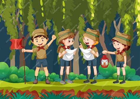 Foto di un gruppo scout che fa un'escursione nella natura