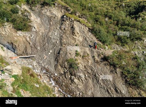 Sentiero di montagna ripido e sassoso con vegetazione rigogliosa
