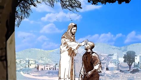 Gesù che conduce il cieco fuori dal villaggio, una scena che enfatizza l'intimità del miracolo e la separazione dalla folla