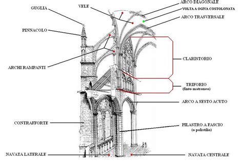 sezione cattedrale gotica con indicazione degli elementi strutturali