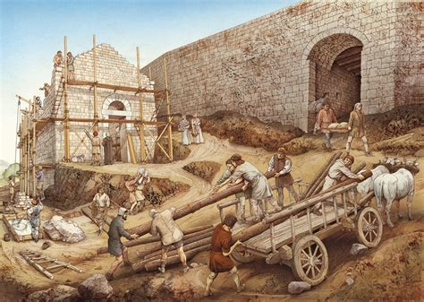 disegno di un cantiere medievale di cattedrale
