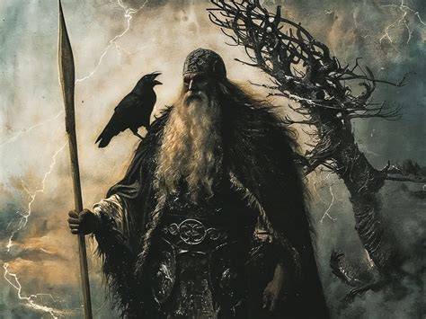 illustrazione di Odino appeso all'Yggdrasil con le rune