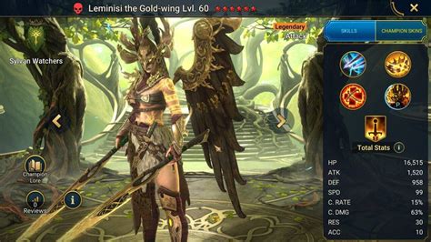 Illustrazione di Leminisi the Gold Wing, campionessa leggendaria di RAID: Shadow Legends, con le sue ali dorate e le doppie lame.