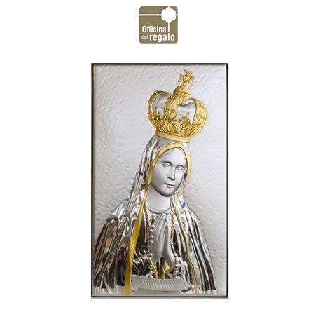 Foto di un'icona della Madonna di Fatima su lastra d'argento con dettagli dorati