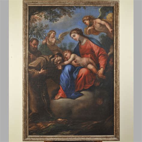 Immagine artistica di San Francesco inginocchiato davanti a Gesù e Maria alla Porziuncola